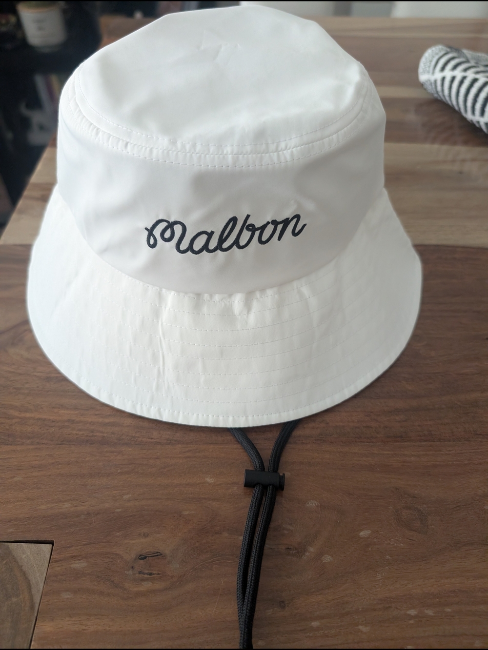 Malbon White Bucket Hat with Chin Cord